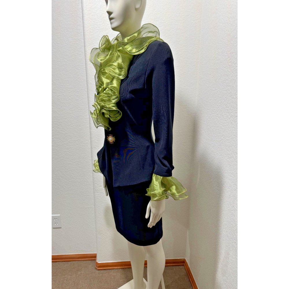 Vtg Cocktail Lillie Rubin Black Jacket Skirt Ruffled Green Organza Collar 6 Suit - Picture 4 of 16